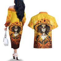 Day of Dead Lady Couples Matching Off The Shoulder Long Sleeve Dress and Hawaiian Shirt Sugar Skull Lady Sunflower - Wonder Print Shop