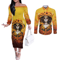 day-of-dead-lady-couples-matching-off-the-shoulder-long-sleeve-dress-and-long-sleeve-button-shirt-sugar-skull-lady-sunflower