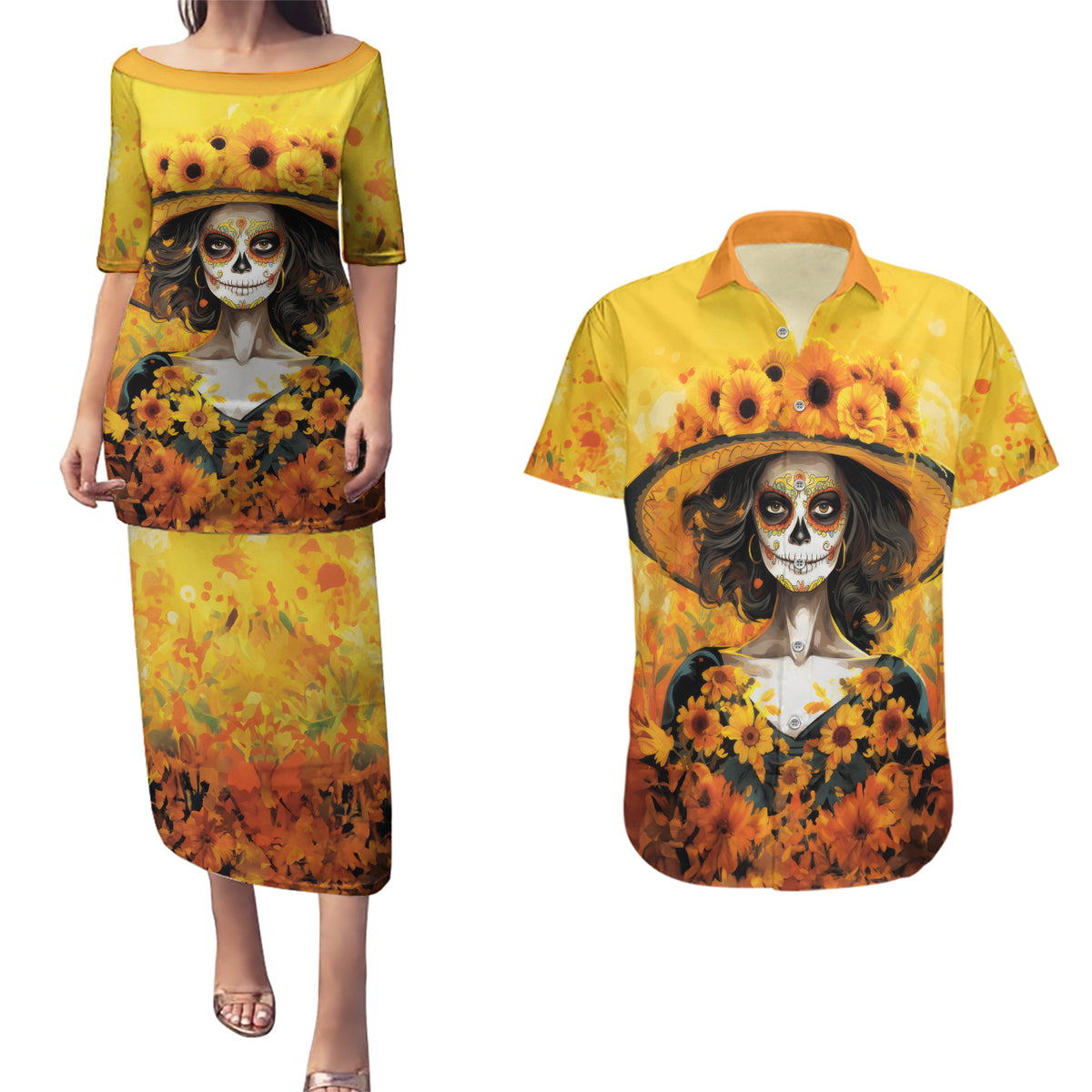 Day of Dead Lady Couples Matching Puletasi Dress and Hawaiian Shirt Sugar Skull Lady Sunflower - Wonder Print Shop