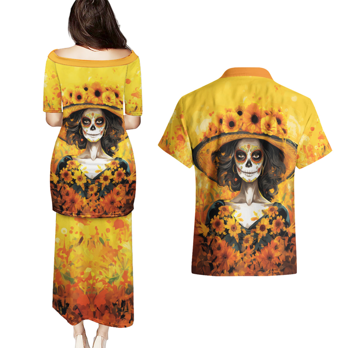 Day of Dead Lady Couples Matching Puletasi Dress and Hawaiian Shirt Sugar Skull Lady Sunflower - Wonder Print Shop
