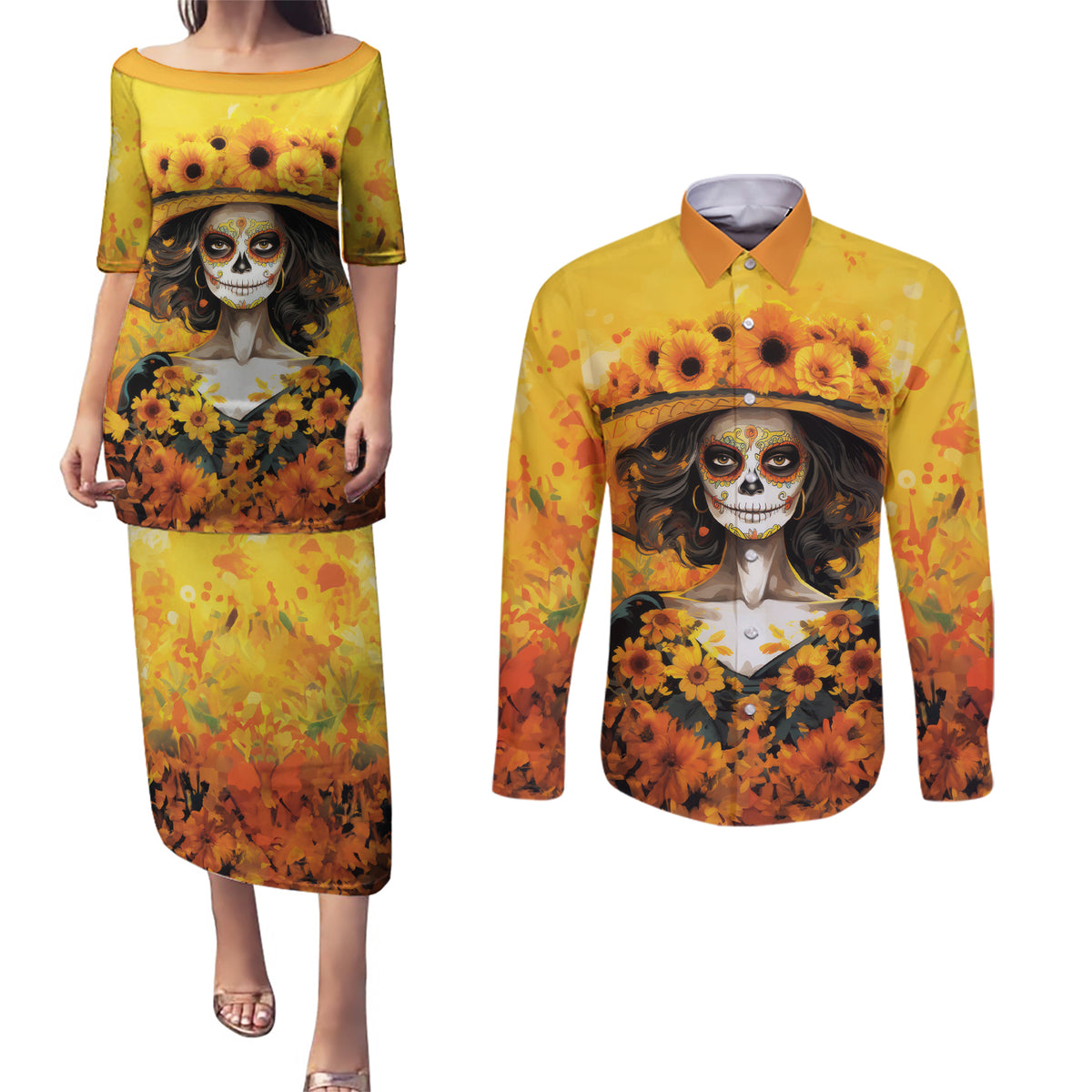 Day of Dead Lady Couples Matching Puletasi Dress and Long Sleeve Button Shirt Sugar Skull Lady Sunflower - Wonder Print Shop