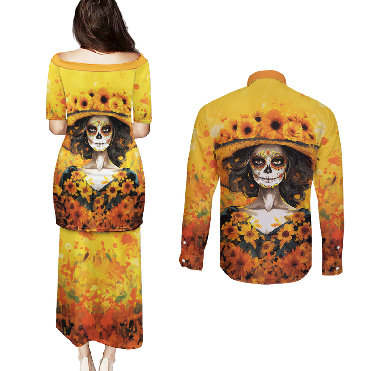 Day of Dead Lady Couples Matching Puletasi Dress and Long Sleeve Button Shirt Sugar Skull Lady Sunflower - Wonder Print Shop