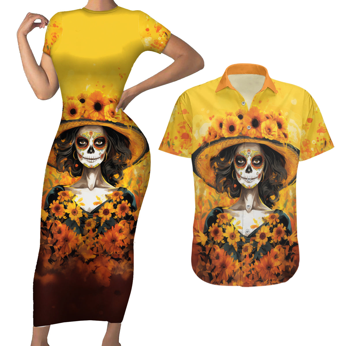 Day of Dead Lady Couples Matching Short Sleeve Bodycon Dress and Hawaiian Shirt Sugar Skull Lady Sunflower - Wonder Print Shop