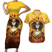 Day of Dead Lady Couples Matching Short Sleeve Bodycon Dress and Hawaiian Shirt Sugar Skull Lady Sunflower - Wonder Print Shop