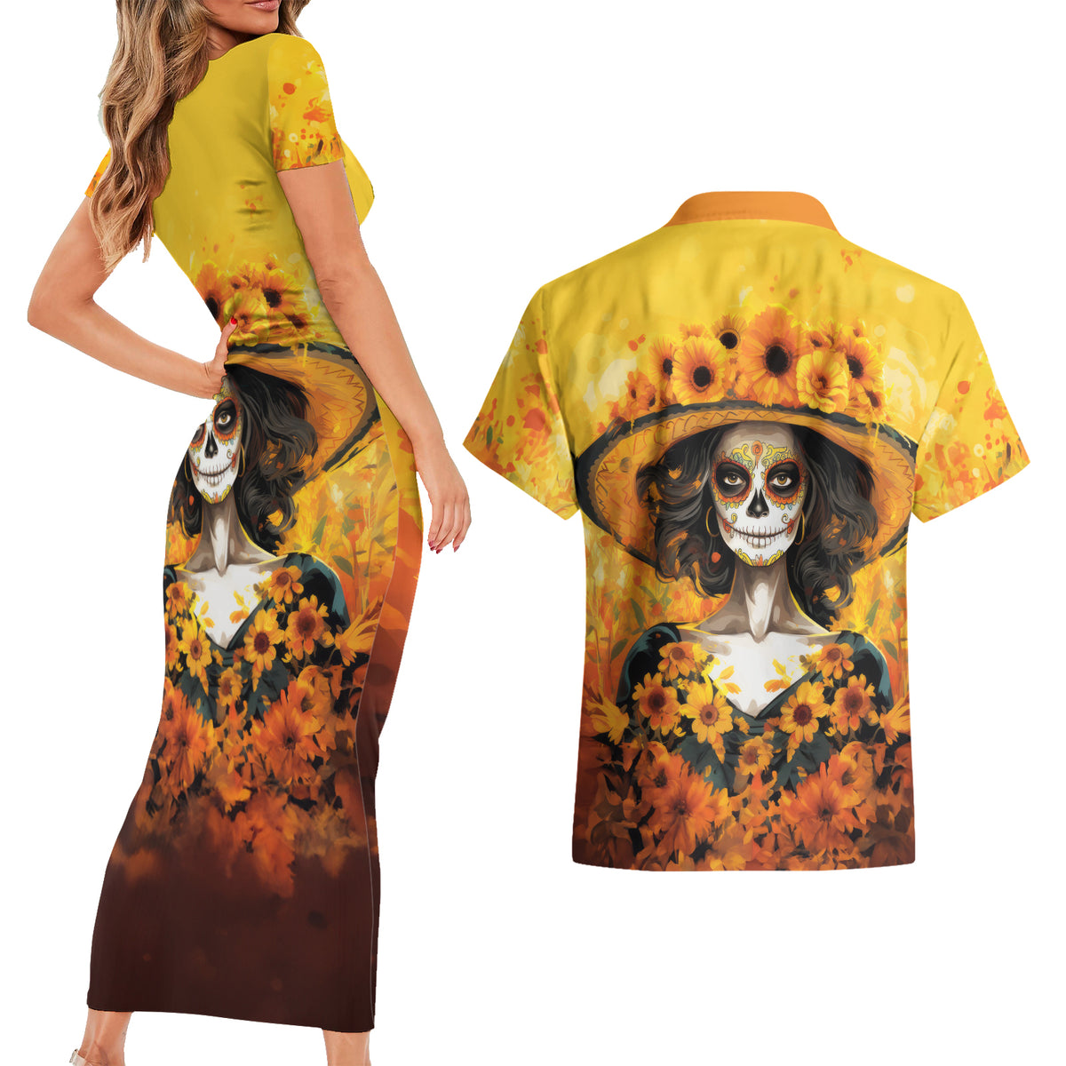 Day of Dead Lady Couples Matching Short Sleeve Bodycon Dress and Hawaiian Shirt Sugar Skull Lady Sunflower - Wonder Print Shop