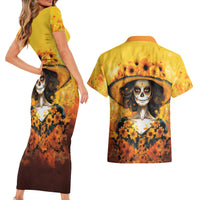 Day of Dead Lady Couples Matching Short Sleeve Bodycon Dress and Hawaiian Shirt Sugar Skull Lady Sunflower - Wonder Print Shop