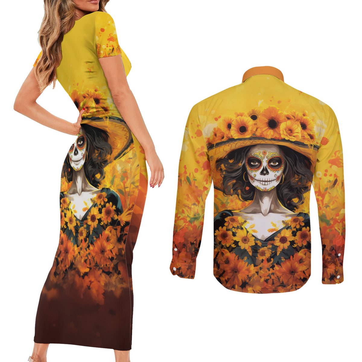 Day of Dead Lady Couples Matching Short Sleeve Bodycon Dress and Long Sleeve Button Shirt Sugar Skull Lady Sunflower - Wonder Print Shop