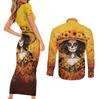 Day of Dead Lady Couples Matching Short Sleeve Bodycon Dress and Long Sleeve Button Shirt Sugar Skull Lady Sunflower - Wonder Print Shop
