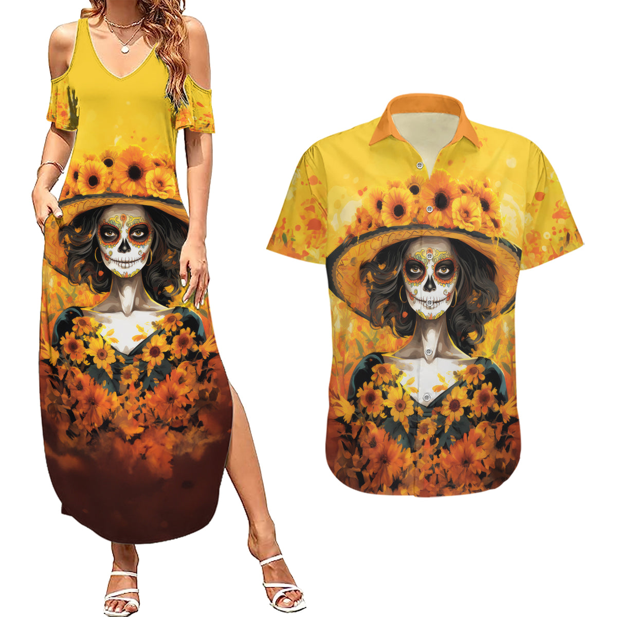 Day of Dead Lady Couples Matching Summer Maxi Dress and Hawaiian Shirt Sugar Skull Lady Sunflower - Wonder Print Shop