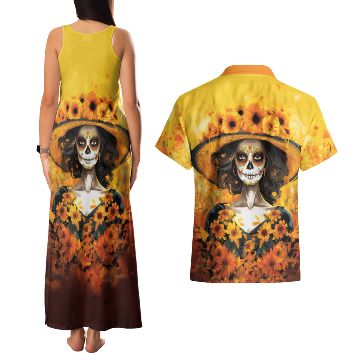 Day of Dead Lady Couples Matching Tank Maxi Dress and Hawaiian Shirt Sugar Skull Lady Sunflower - Wonder Print Shop