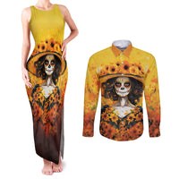 Day of Dead Lady Couples Matching Tank Maxi Dress and Long Sleeve Button Shirt Sugar Skull Lady Sunflower - Wonder Print Shop