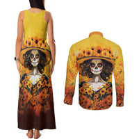 Day of Dead Lady Couples Matching Tank Maxi Dress and Long Sleeve Button Shirt Sugar Skull Lady Sunflower - Wonder Print Shop