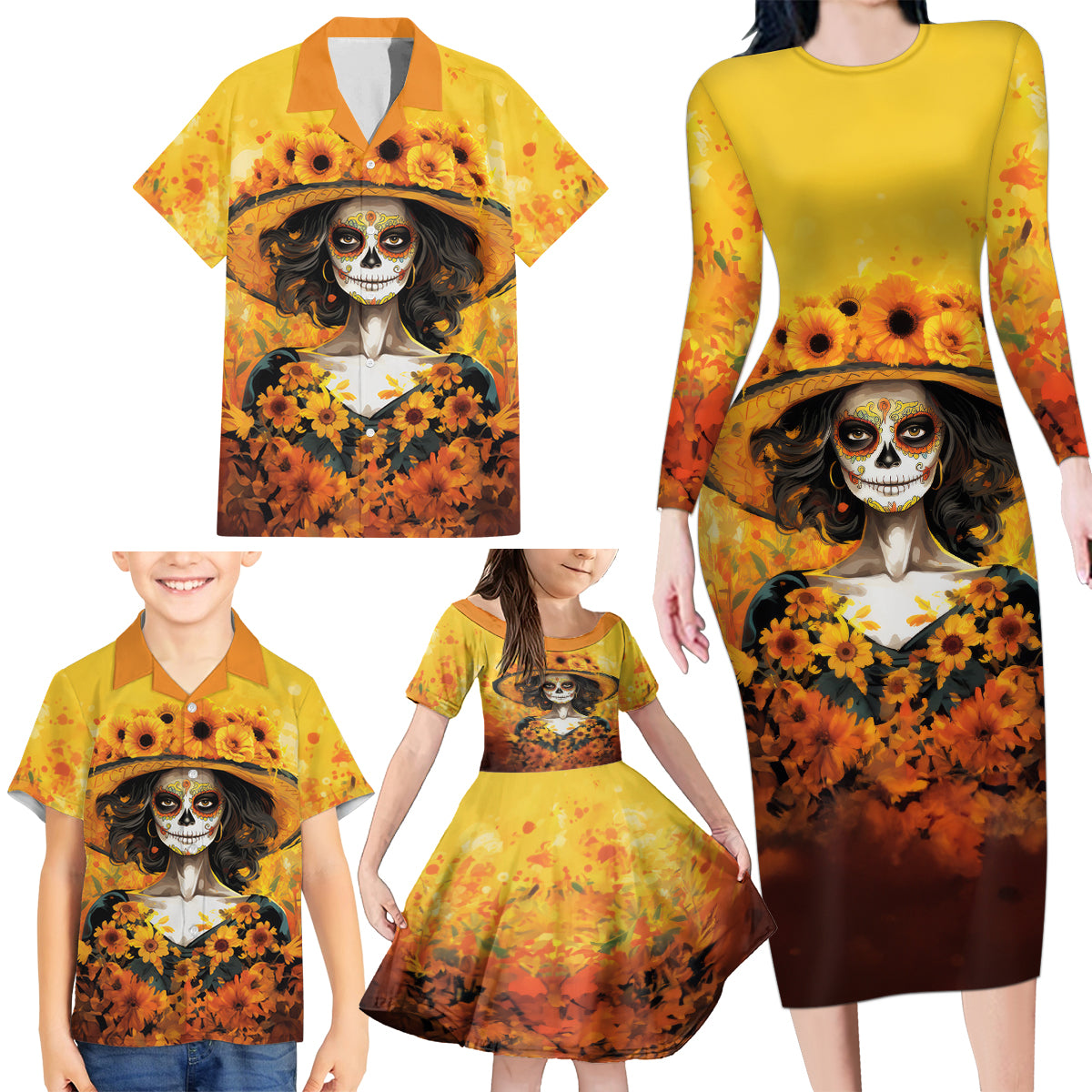 Day of Dead Lady Family Matching Long Sleeve Bodycon Dress and Hawaiian Shirt Sugar Skull Lady Sunflower - Wonder Print Shop