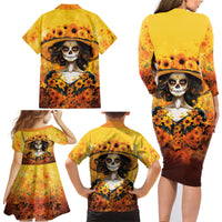 Day of Dead Lady Family Matching Long Sleeve Bodycon Dress and Hawaiian Shirt Sugar Skull Lady Sunflower - Wonder Print Shop
