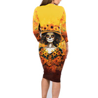 Day of Dead Lady Family Matching Long Sleeve Bodycon Dress and Hawaiian Shirt Sugar Skull Lady Sunflower - Wonder Print Shop