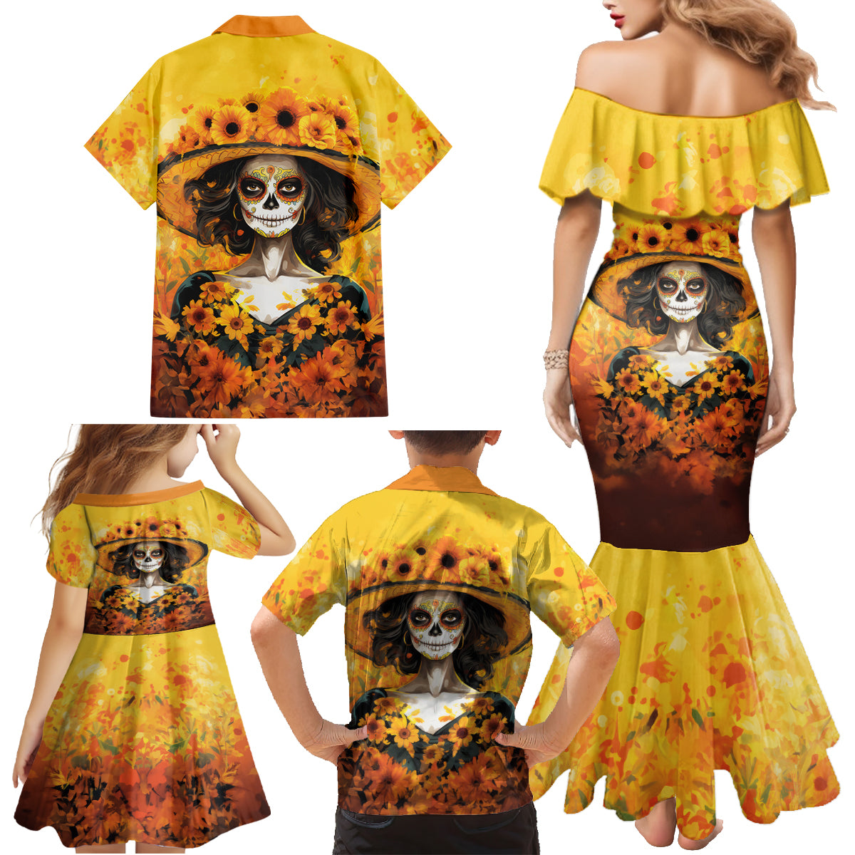 Day of Dead Lady Family Matching Mermaid Dress and Hawaiian Shirt Sugar Skull Lady Sunflower - Wonder Print Shop