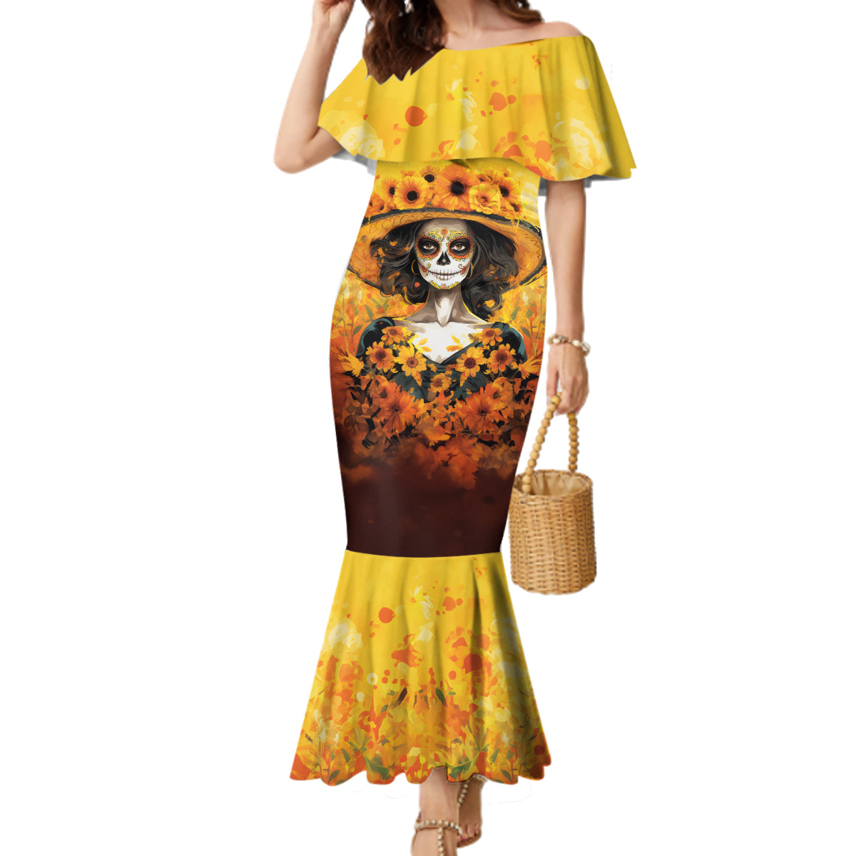 Day of Dead Lady Family Matching Mermaid Dress and Hawaiian Shirt Sugar Skull Lady Sunflower - Wonder Print Shop