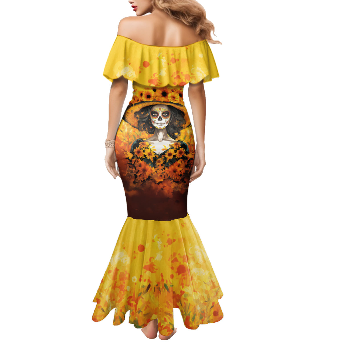 Day of Dead Lady Family Matching Mermaid Dress and Hawaiian Shirt Sugar Skull Lady Sunflower - Wonder Print Shop