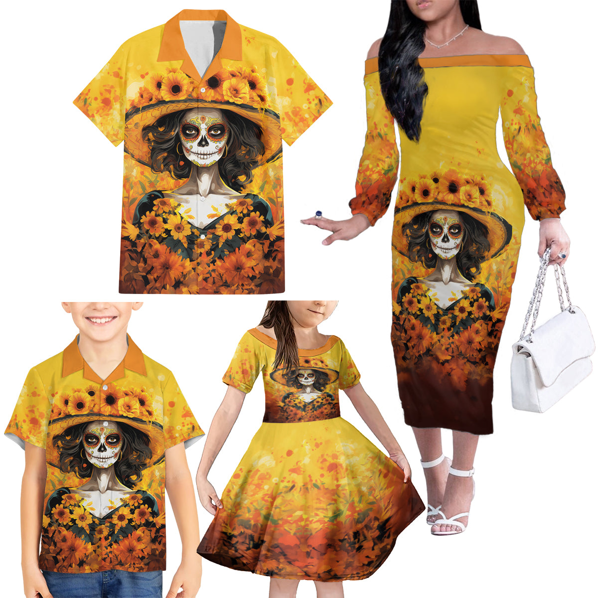 Day of Dead Lady Family Matching Off Shoulder Long Sleeve Dress and Hawaiian Shirt Sugar Skull Lady Sunflower - Wonder Print Shop