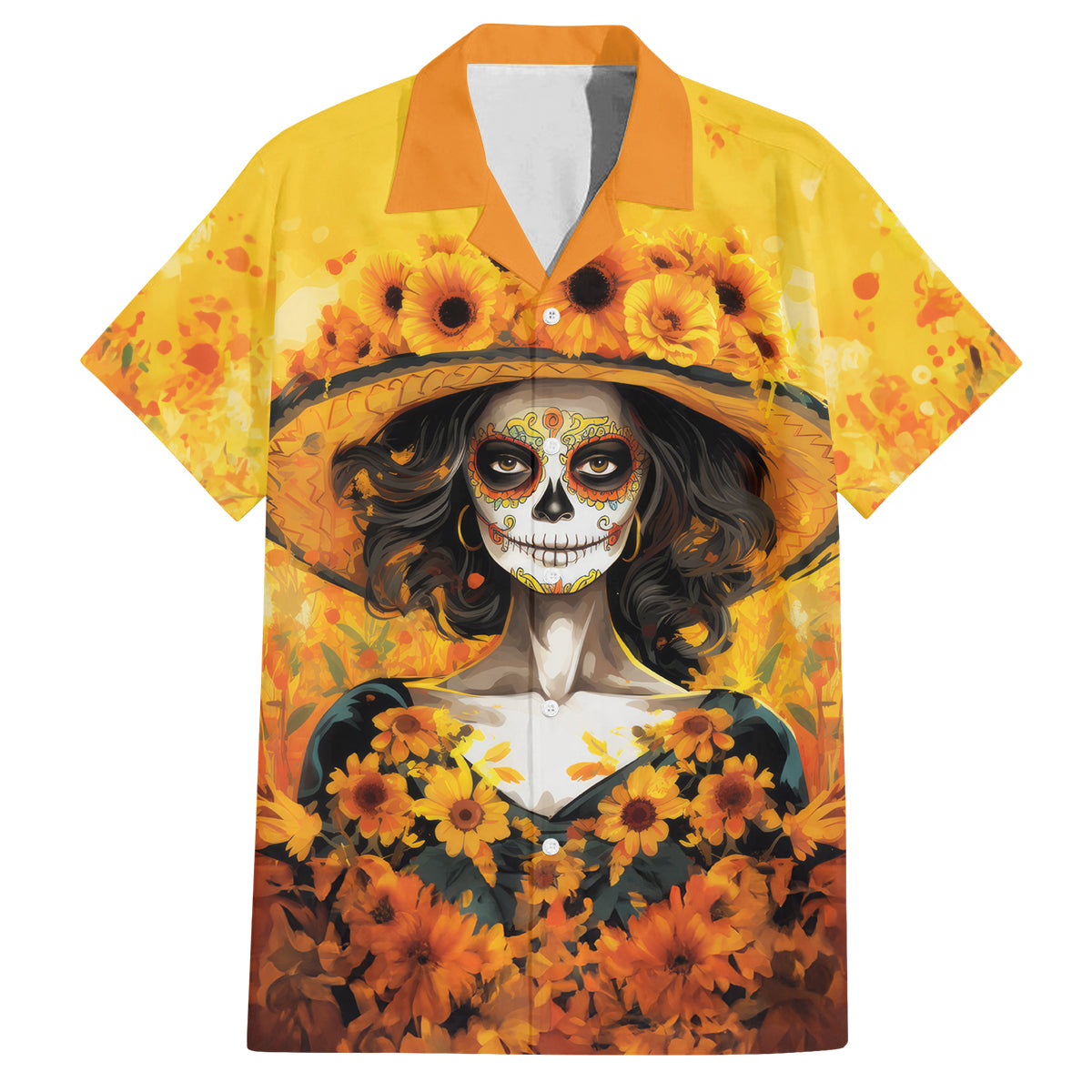 Day of Dead Lady Family Matching Off Shoulder Long Sleeve Dress and Hawaiian Shirt Sugar Skull Lady Sunflower - Wonder Print Shop