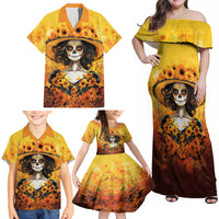 Day of Dead Lady Family Matching Off Shoulder Maxi Dress and Hawaiian Shirt Sugar Skull Lady Sunflower - Wonder Print Shop