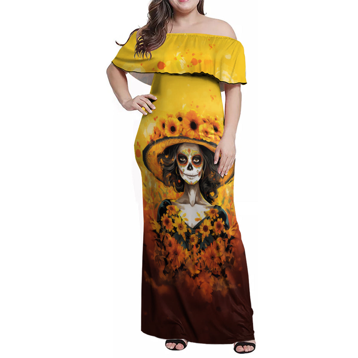 Day of Dead Lady Family Matching Off Shoulder Maxi Dress and Hawaiian Shirt Sugar Skull Lady Sunflower - Wonder Print Shop