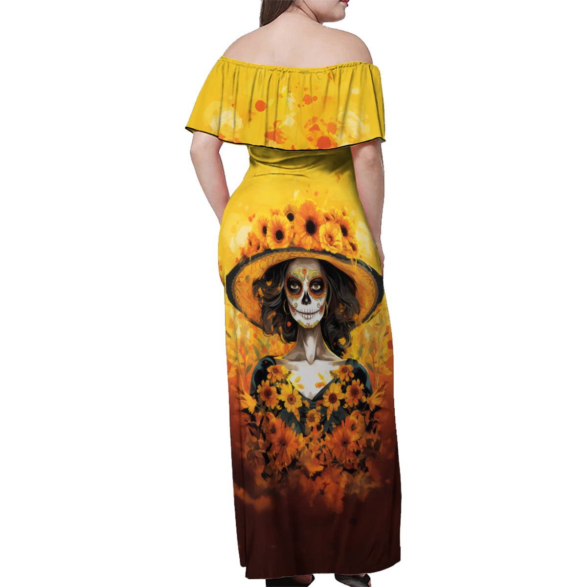 Day of Dead Lady Family Matching Off Shoulder Maxi Dress and Hawaiian Shirt Sugar Skull Lady Sunflower - Wonder Print Shop