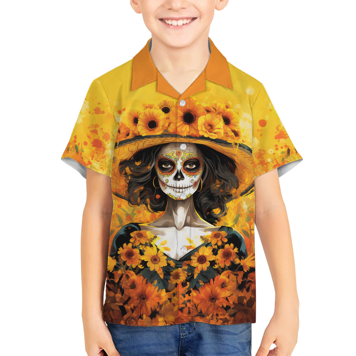 Day of Dead Lady Family Matching Off Shoulder Maxi Dress and Hawaiian Shirt Sugar Skull Lady Sunflower - Wonder Print Shop