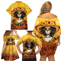 Day of Dead Lady Family Matching Off Shoulder Short Dress and Hawaiian Shirt Sugar Skull Lady Sunflower - Wonder Print Shop