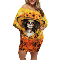 Day of Dead Lady Family Matching Off Shoulder Short Dress and Hawaiian Shirt Sugar Skull Lady Sunflower - Wonder Print Shop