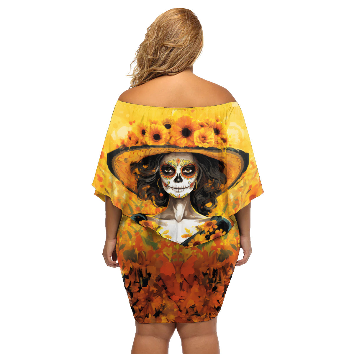 Day of Dead Lady Family Matching Off Shoulder Short Dress and Hawaiian Shirt Sugar Skull Lady Sunflower - Wonder Print Shop