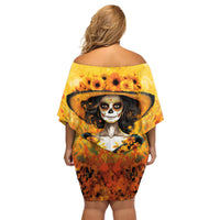 Day of Dead Lady Family Matching Off Shoulder Short Dress and Hawaiian Shirt Sugar Skull Lady Sunflower - Wonder Print Shop