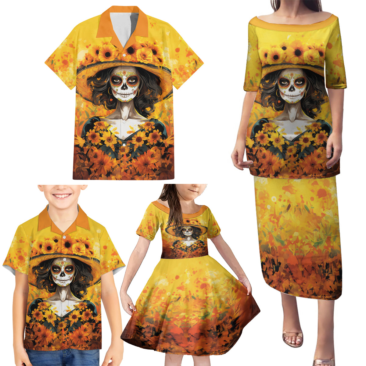 Day of Dead Lady Family Matching Puletasi Dress and Hawaiian Shirt Sugar Skull Lady Sunflower - Wonder Print Shop