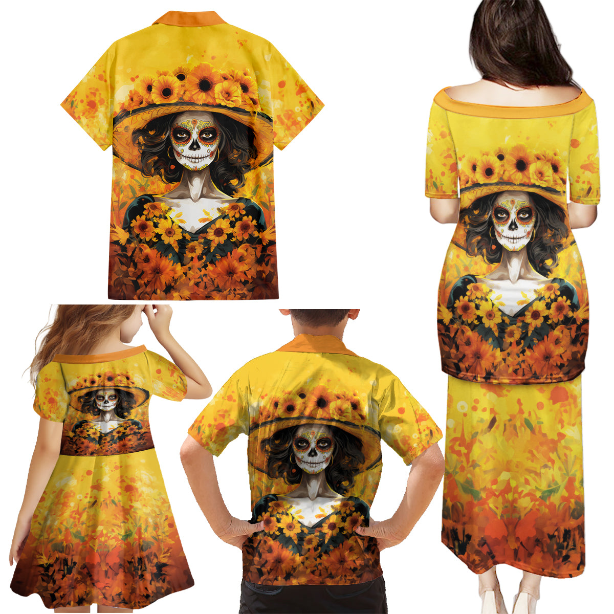 Day of Dead Lady Family Matching Puletasi Dress and Hawaiian Shirt Sugar Skull Lady Sunflower - Wonder Print Shop
