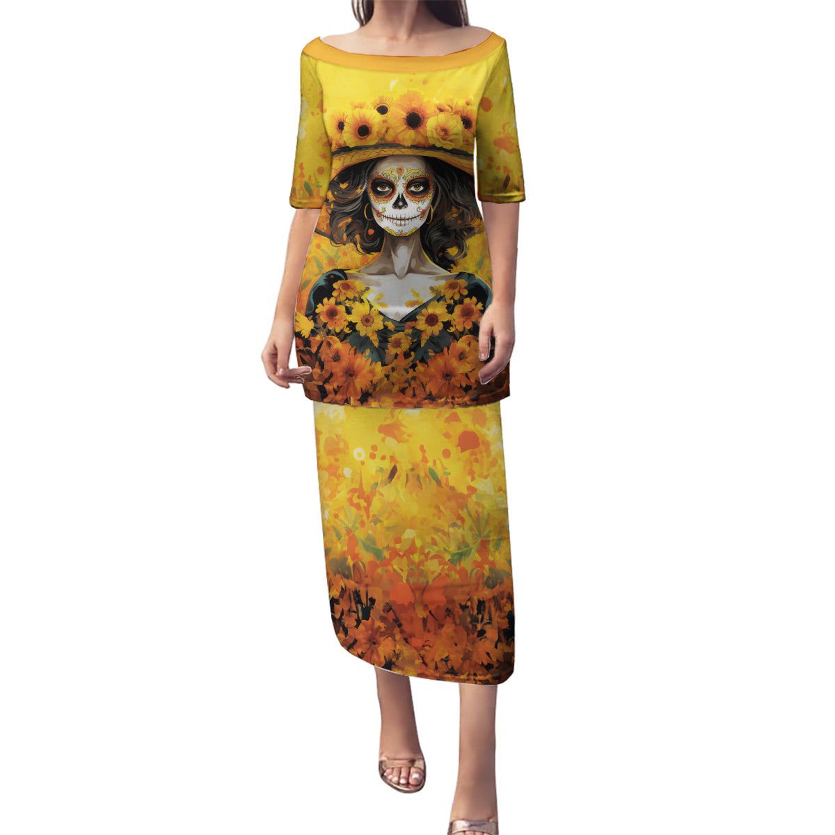 Day of Dead Lady Family Matching Puletasi Dress and Hawaiian Shirt Sugar Skull Lady Sunflower - Wonder Print Shop