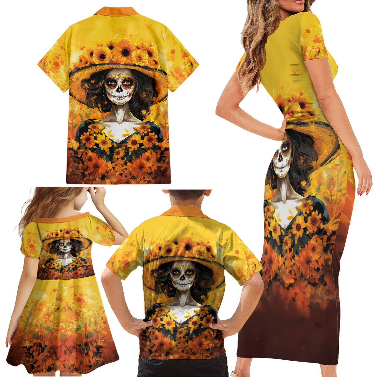Day of Dead Lady Family Matching Short Sleeve Bodycon Dress and Hawaiian Shirt Sugar Skull Lady Sunflower - Wonder Print Shop