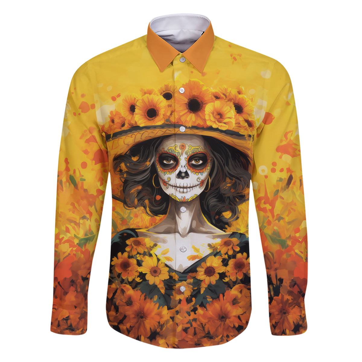 Day of Dead Lady Family Matching Short Sleeve Bodycon Dress and Hawaiian Shirt Sugar Skull Lady Sunflower - Wonder Print Shop