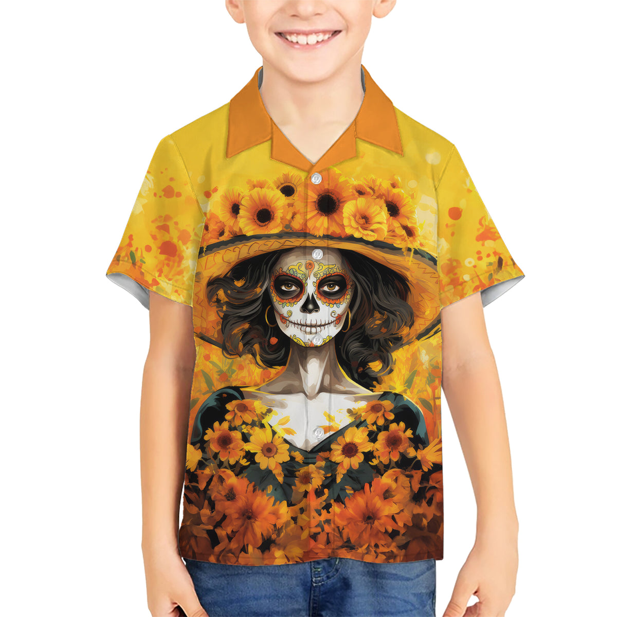 Day of Dead Lady Family Matching Short Sleeve Bodycon Dress and Hawaiian Shirt Sugar Skull Lady Sunflower - Wonder Print Shop