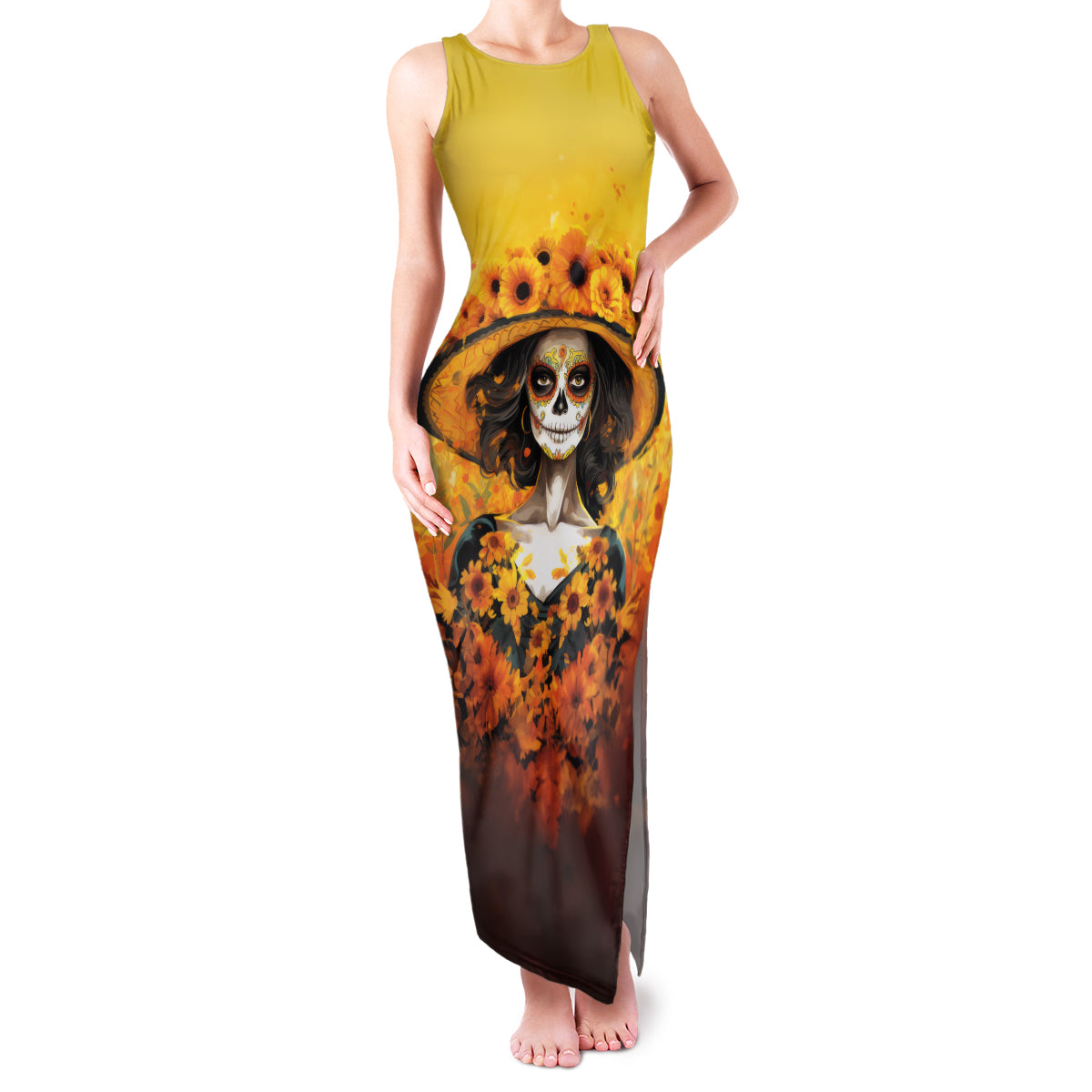 Day of Dead Lady Family Matching Tank Maxi Dress and Hawaiian Shirt Sugar Skull Lady Sunflower - Wonder Print Shop