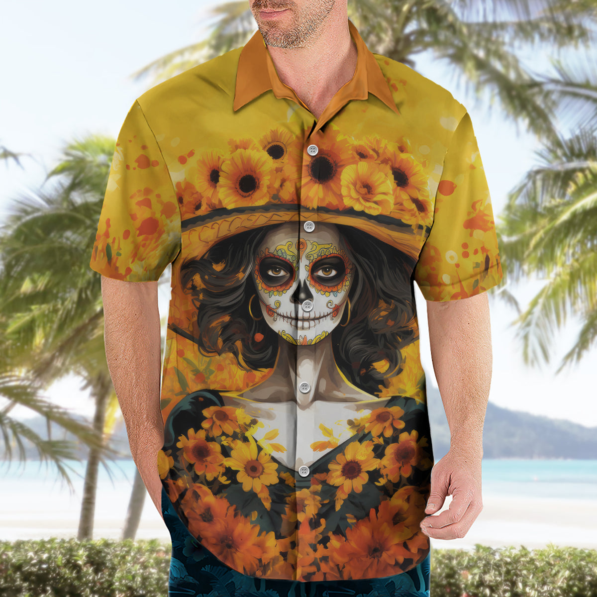 Day of Dead Lady Hawaiian Shirt Sugar Skull Lady Sunflower - Wonder Print Shop