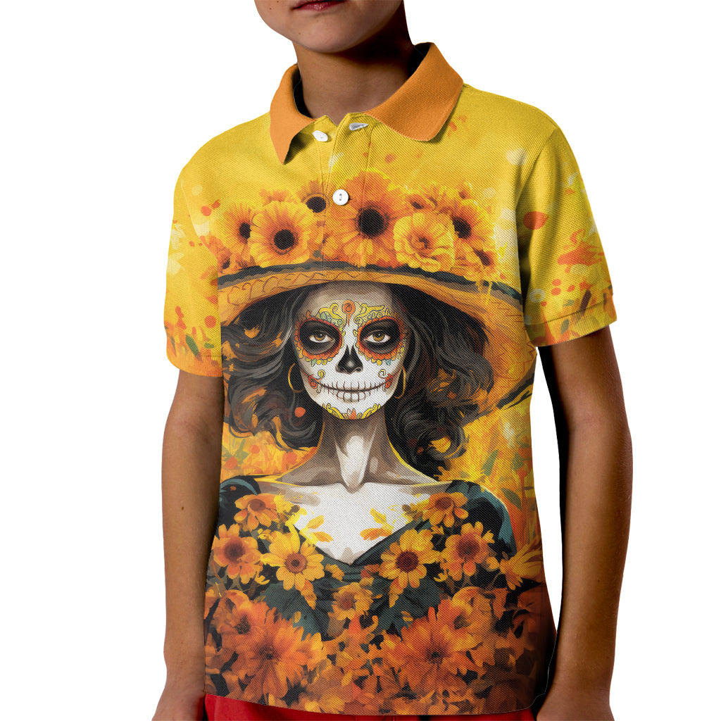 Day of Dead Lady Kid Polo Shirt Sugar Skull Lady Sunflower - Wonder Print Shop