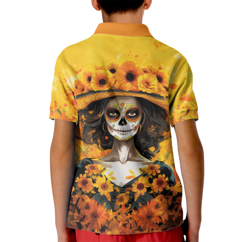 Day of Dead Lady Kid Polo Shirt Sugar Skull Lady Sunflower - Wonder Print Shop