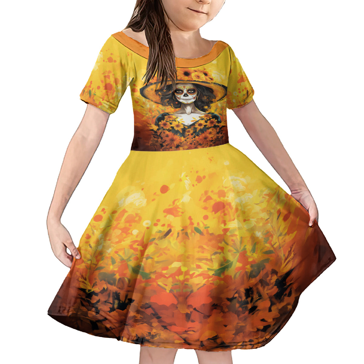 Day of Dead Lady Kid Short Sleeve Dress Sugar Skull Lady Sunflower - Wonder Print Shop