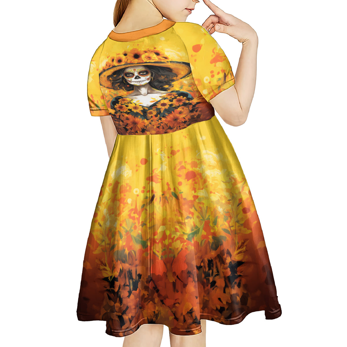 Day of Dead Lady Kid Short Sleeve Dress Sugar Skull Lady Sunflower - Wonder Print Shop