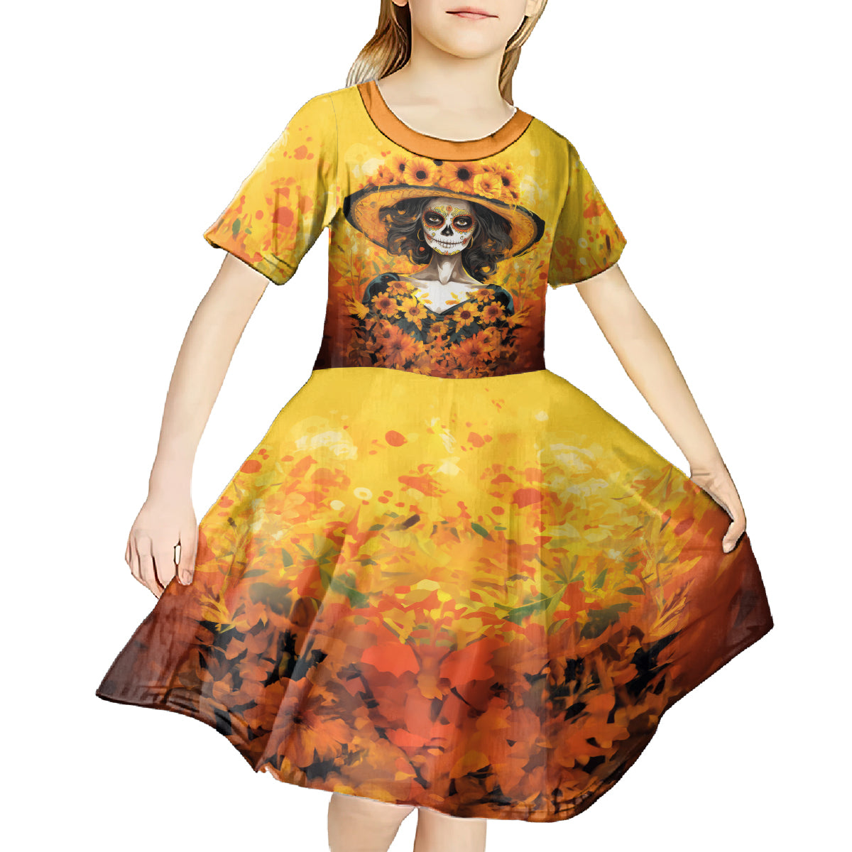 Day of Dead Lady Kid Short Sleeve Dress Sugar Skull Lady Sunflower - Wonder Print Shop