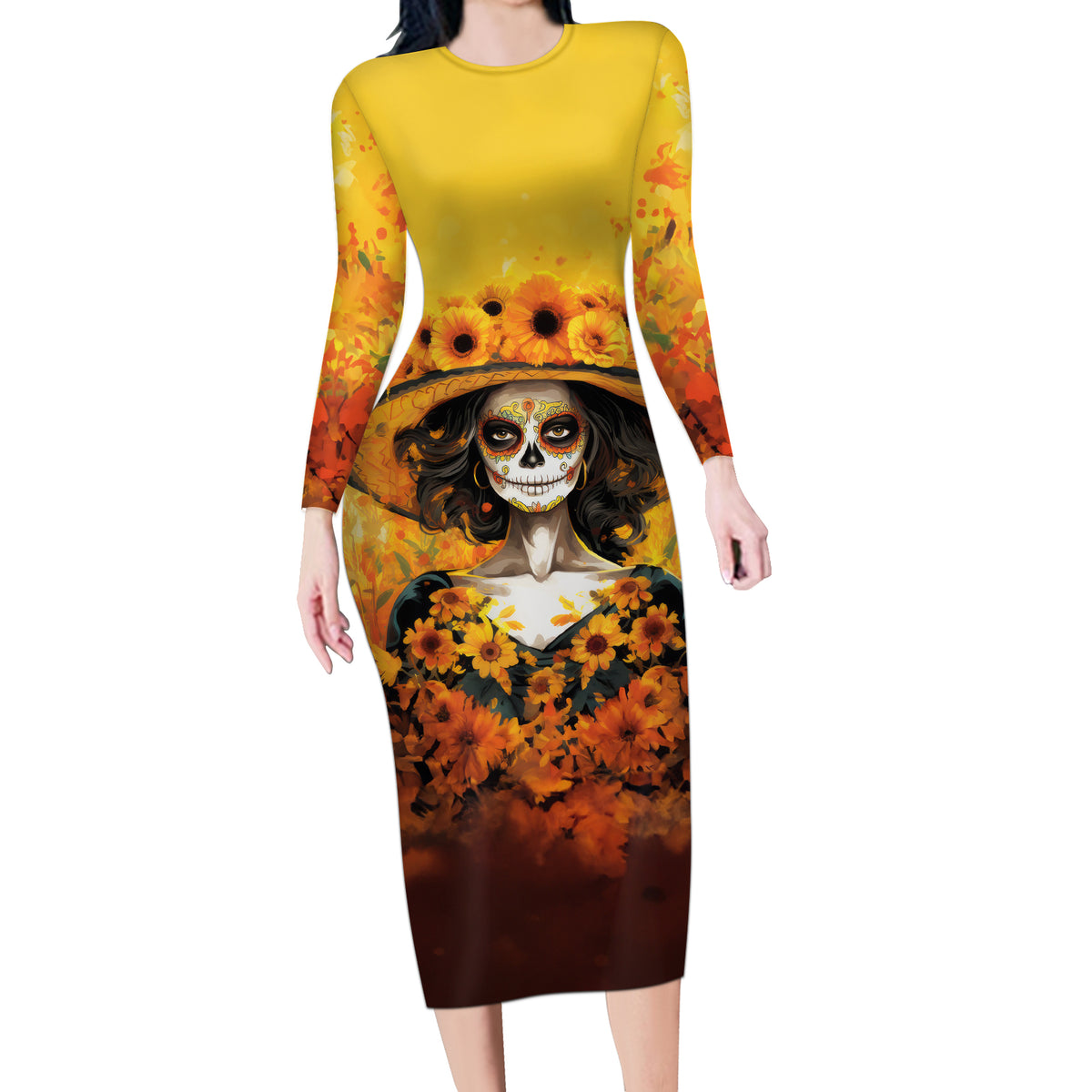Day of Dead Lady Long Sleeve Bodycon Dress Sugar Skull Lady Sunflower - Wonder Print Shop