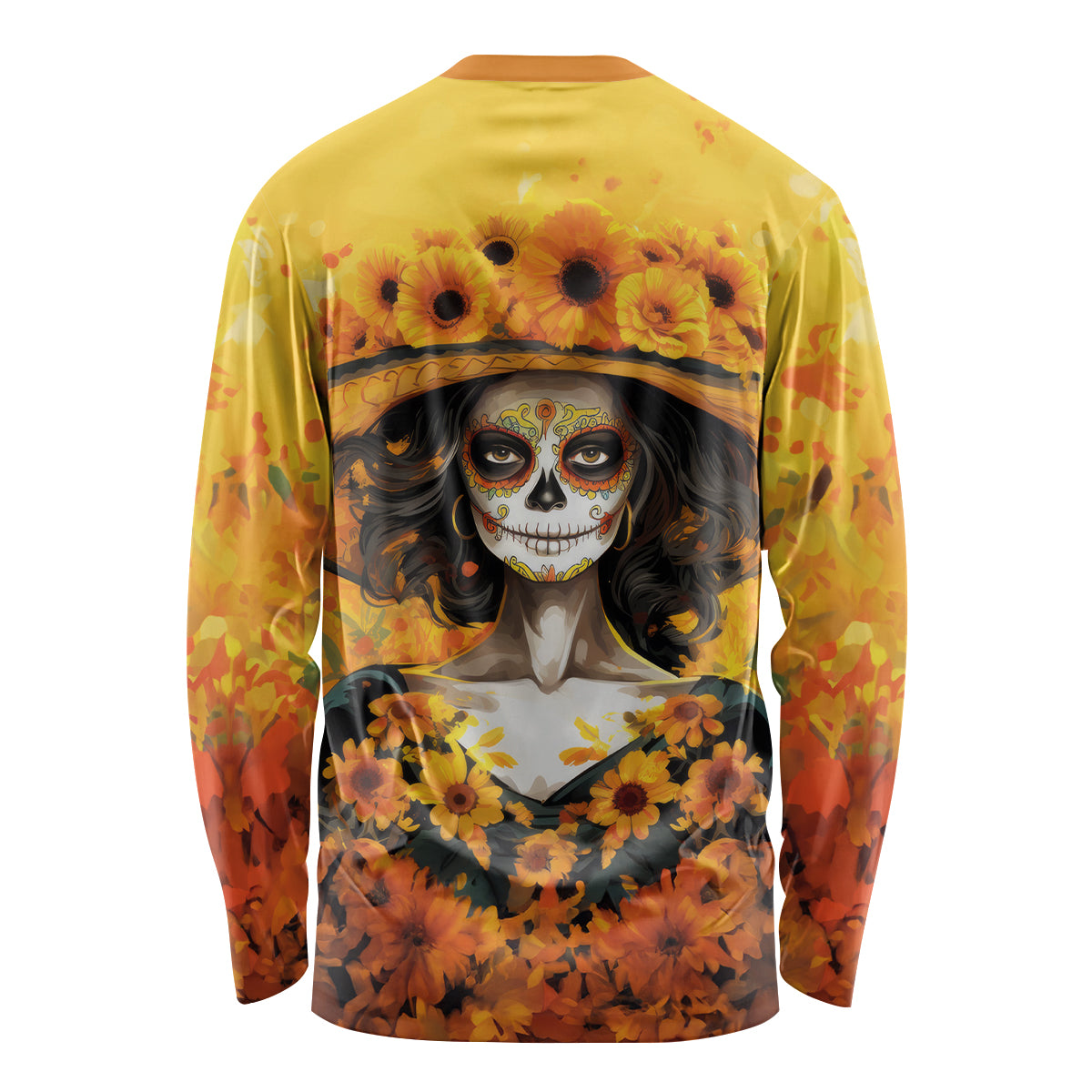 Day of Dead Lady Long Sleeve Shirt Sugar Skull Lady Sunflower - Wonder Print Shop