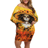Day of Dead Lady Off Shoulder Short Dress Sugar Skull Lady Sunflower - Wonder Print Shop