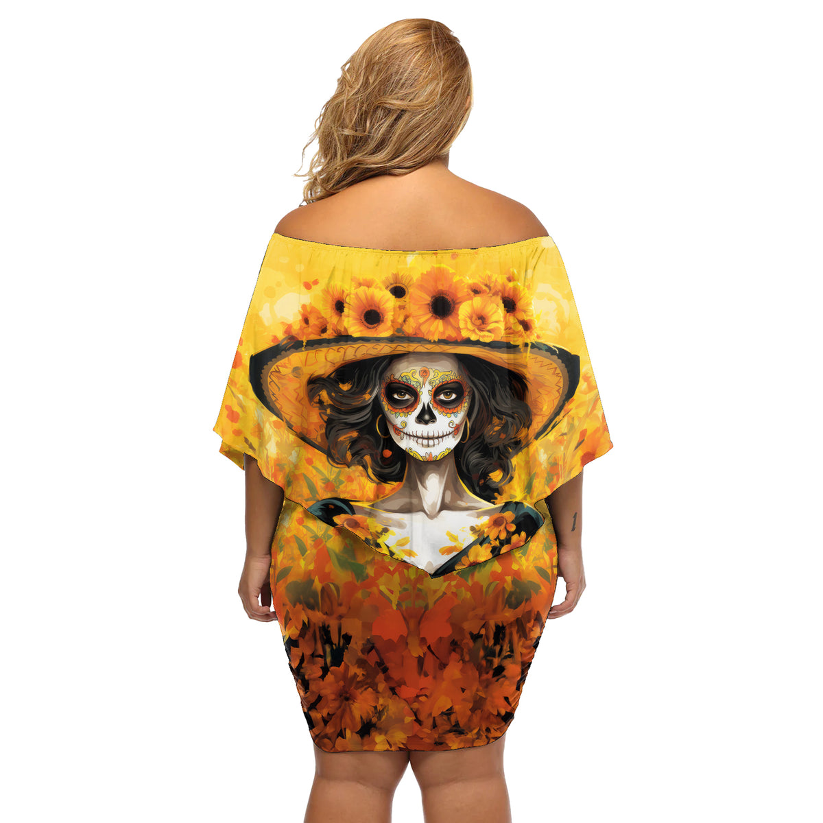 Day of Dead Lady Off Shoulder Short Dress Sugar Skull Lady Sunflower - Wonder Print Shop