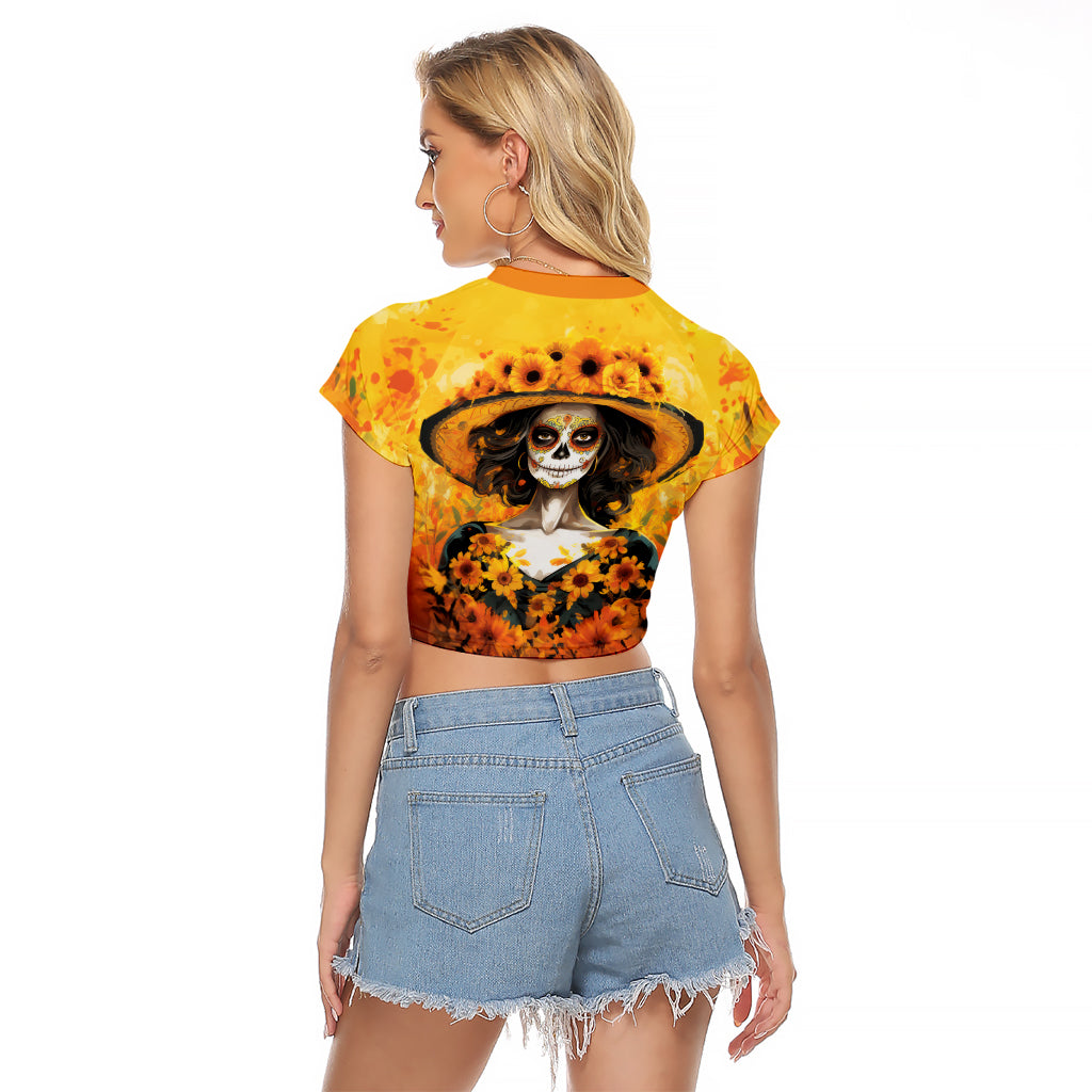 Day of Dead Lady Raglan Cropped T Shirt Sugar Skull Lady Sunflower - Wonder Print Shop